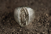Unisex Sterling Silver Ring Size 10 US Features a Raw Pyrite Cabochon in Hollow Boho Style Design with a Rugged Crystal Appeal