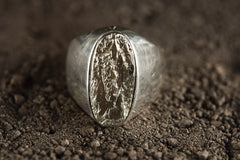 Unisex Sterling Silver Ring Size 10 US Features a Raw Pyrite Cabochon in Hollow Boho Style Design with a Rugged Crystal Appeal