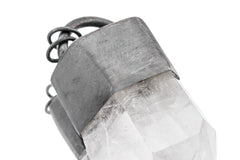 Close-up of polished sterling silver halo frame and cap holding a large Clear Quartz crystal pendant.
