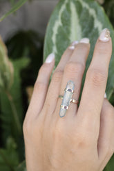 Silver Wrapped Double Terminated Aqua Aura Lemurian Quartz Generator Ring in Sterling Silver, Hammered Shiny Chic Jewelry, Size 5