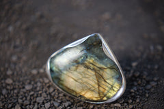 Adjustable Sterling Silver Teardrop Labradorite Ring - Size 5-12 US