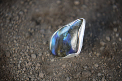 Tooth Labradorite Ring 925 Sterling Silver Adjustable Waved Bezel Third Eye Chakra Protection Gift