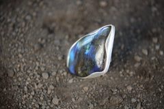 Tooth Labradorite Ring 925 Sterling Silver Adjustable Waved Bezel Third Eye Chakra Protection Gift