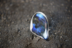 Tooth Labradorite Ring 925 Sterling Silver Adjustable Waved Bezel Third Eye Chakra Protection Gift
