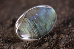Oval Labradorite Ring 925 Sterling Silver Adjustable Waved Bezel Blue Green Flash Third Eye Chakra Gift