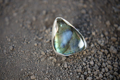 Adjustable Sterling Silver Labradorite Ring: Mystic Triangle Stone, Size 5-10