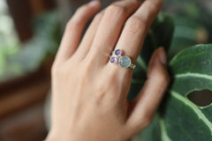 Amethyst & Aquamarine Sterling Silver Ring - Adjustable Size 5-10