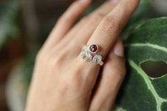 Three Stone Silver Ring 925 Adjustable Band Opal Herkimer Diamond Moonstone Crystal Ring Libra Cancer Gift