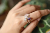 Amethyst Pearl Rose Quartz Sterling Silver Ring, Hammered Adjustable Band