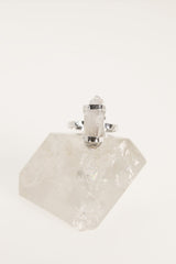 Double Terminated Vera Cruz Amethyst ring in polished sterling silver, displayed on a clear quartz crystal with hammered band detail.