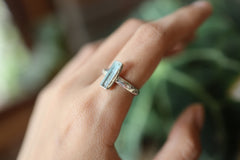 Long Square Aquamarine Ring 925 Sterling Silver Hammered Band Throat Chakra Pisces Aries Gemini Jewelry Gift Size 6