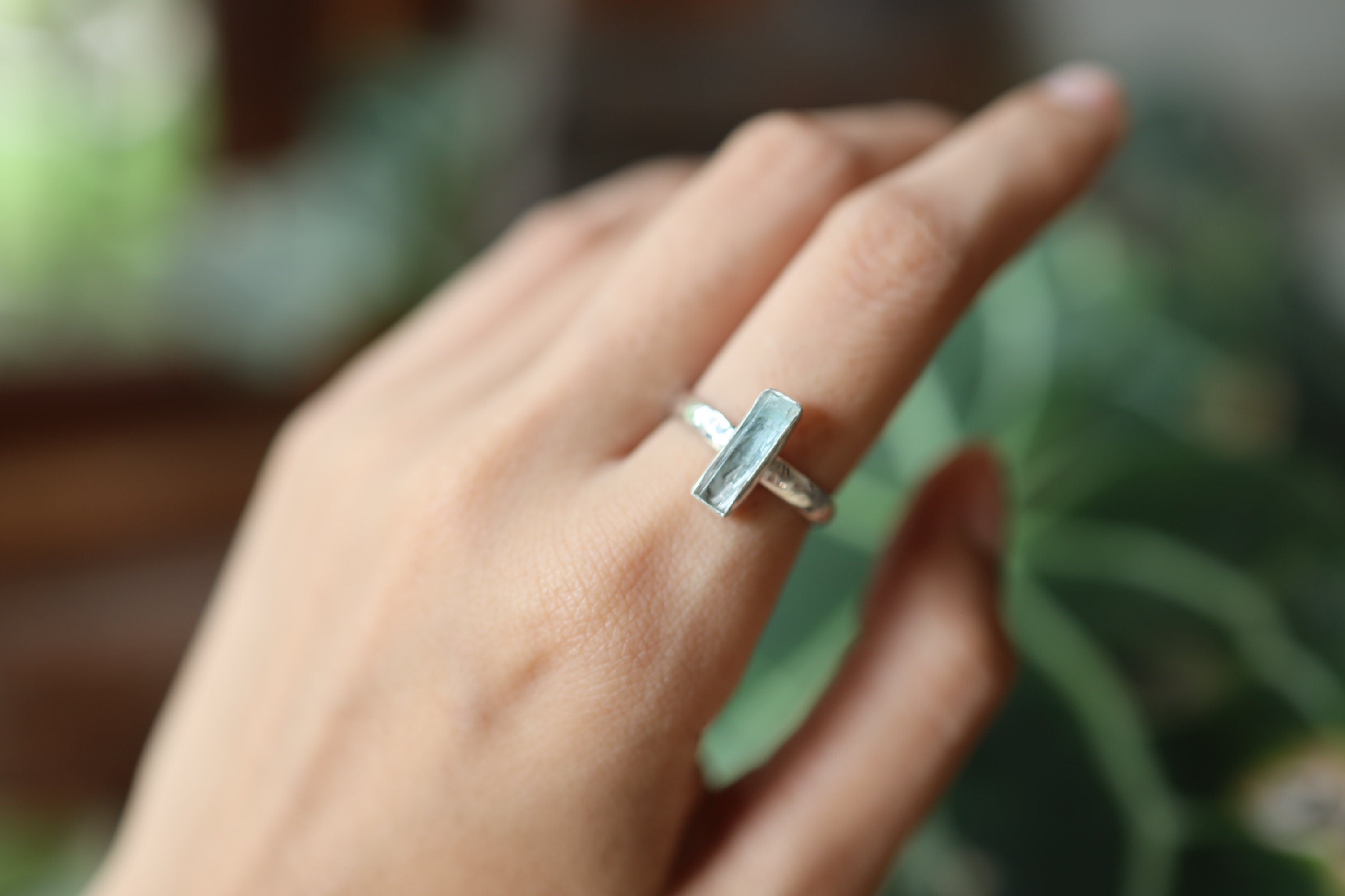 Long Square Aquamarine Ring 925 Sterling Silver Hammered Band Throat Chakra Pisces Aries Gemini Jewelry Gift Size 6