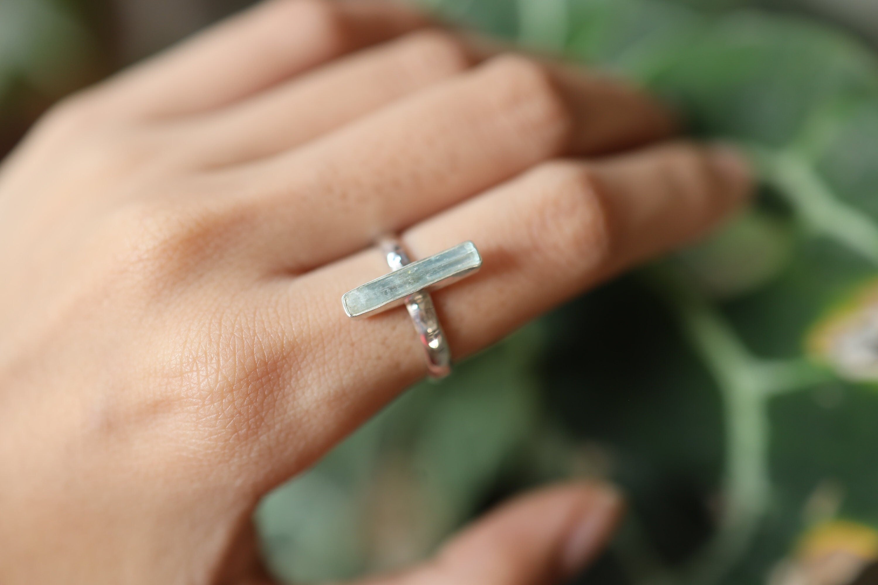 Petite Aquamarine Ring: Sterling Silver Hammered Band, Size 6