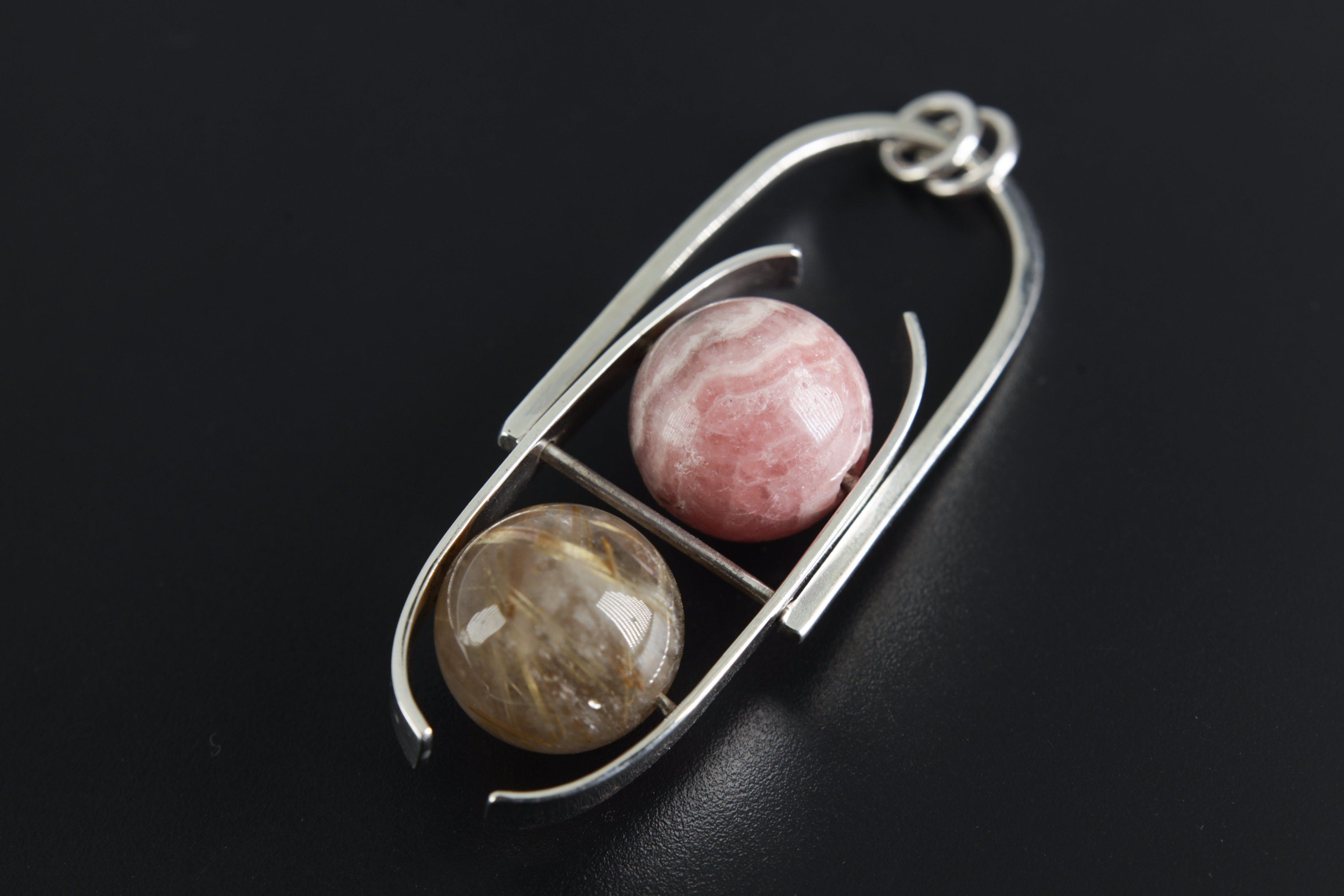 Rhodochrosite Golden Rutile Sphere Pendant: Sterling Silver Fidget Toy