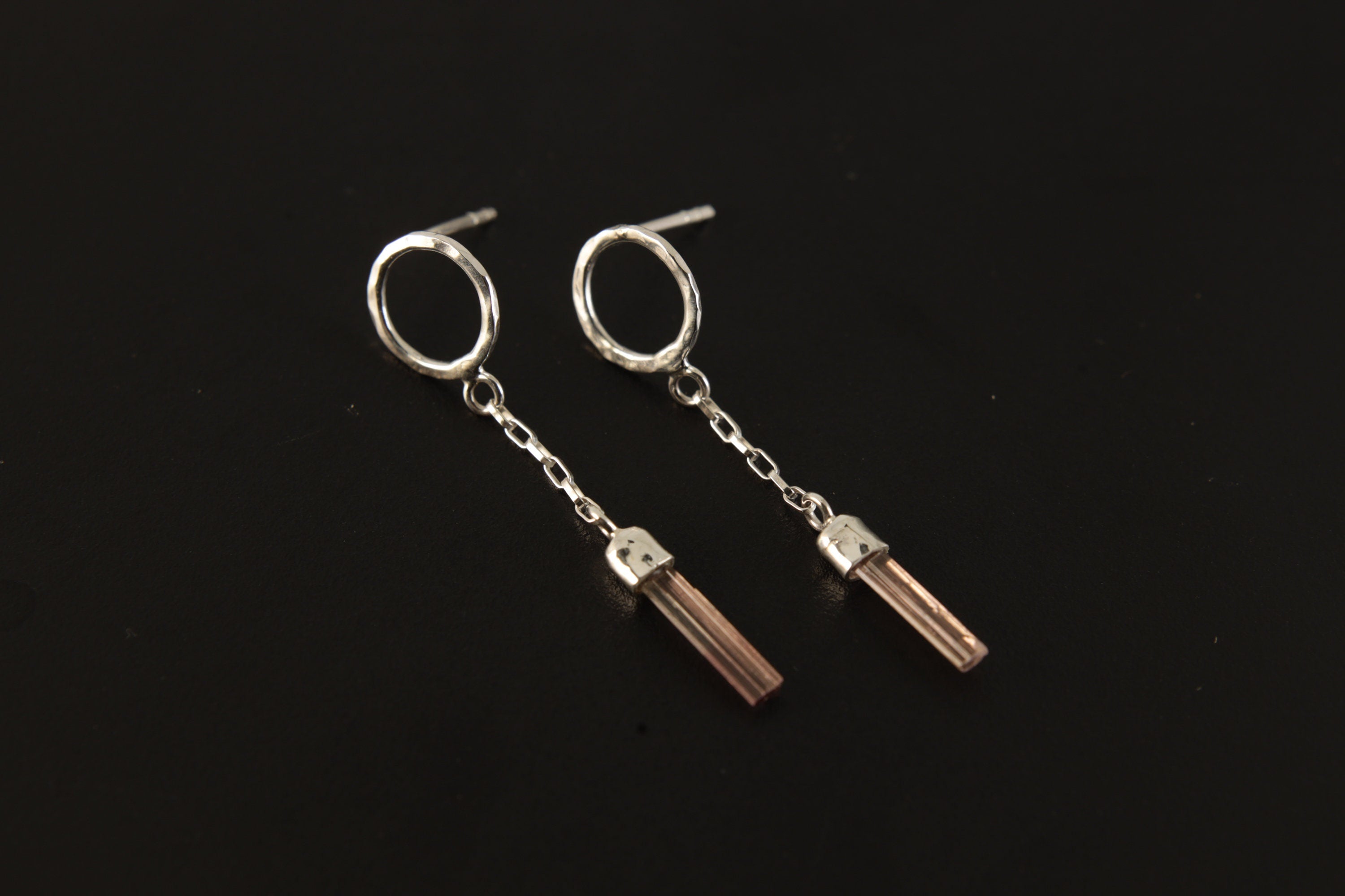 Pink Tourmaline Sterling Silver Chain Earrings: Hammered Stud Dangle