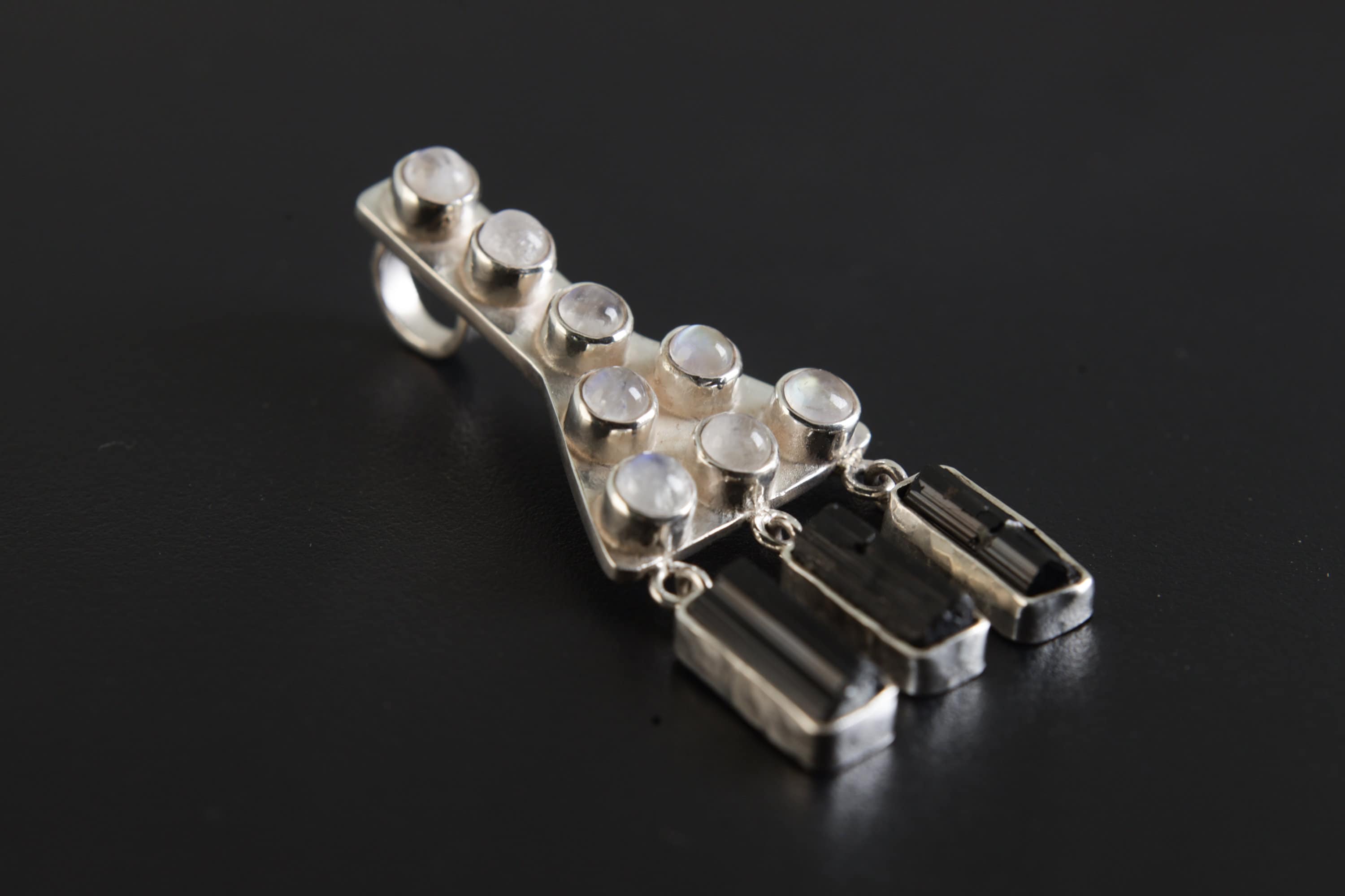 Sterling Silver Moonstone Black Tourmaline Pendant - Handmade Talisman