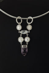 Hammered Sterling Silver Pendant: South Sea Pearl, Moonstone & Vera Cruz Amethyst