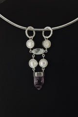 Hammered Sterling Silver Pendant: South Sea Pearl, Moonstone & Vera Cruz Amethyst