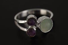 Amethyst & Aquamarine Sterling Silver Ring - Adjustable Size 5-10
