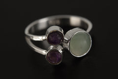 Amethyst Aquamarine Ring 925 Sterling Silver Adjustable Triple Stone Band Throat Third Eye Crown Chakra Gift