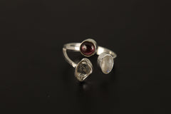 Adjustable Sterling Silver Ring: Opal, Herkimer Diamond & Moonstone