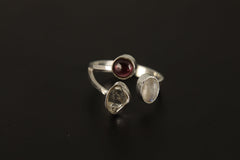 Adjustable Sterling Silver Ring: Opal, Herkimer Diamond & Moonstone