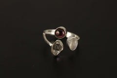 Three Stone Silver Ring 925 Adjustable Band Opal Herkimer Diamond Moonstone Crystal Ring Libra Cancer Gift