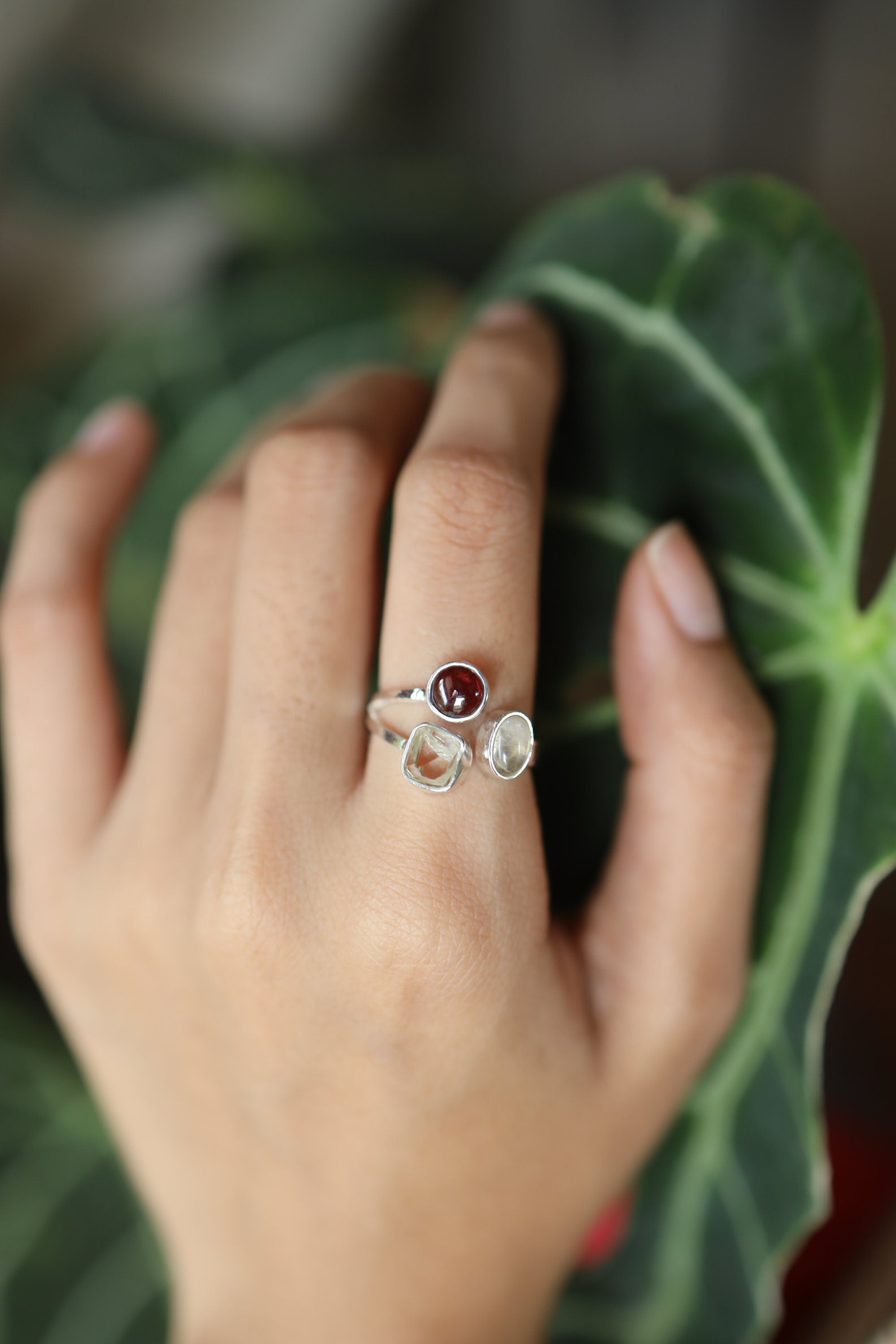 Adjustable Sterling Silver Ring: Opal, Herkimer Diamond & Moonstone