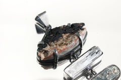 Close-up of Azurite Aquamarine Kyanite pendant showing raw blue stones and oxidized silver setting.