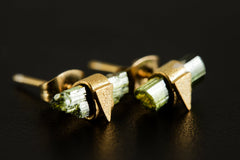 Gold Wrapped Green Tourmaline Ear Studs: Sand Textured Sterling Silver
