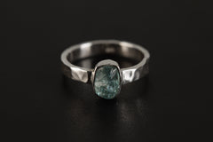 Raw Blue/Aqua Apatite Gem Ring, Flat Stack Sterling Silver Band, Hammer Textured & Shiny Finish Crystal Ring, Size 5-9 US, Clarity, Focus