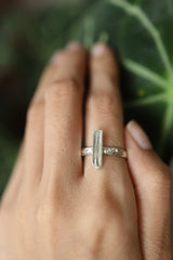 Hammered Sterling Silver Aquamarine Ring: Long Square Crystal, Size 9