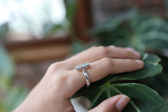 Long Aquamarine Ring 925 Sterling Silver Hammered Band Square Cut Blue Beryl Throat Chakra Jewelry Gift Size 8