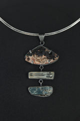 Australian Raw Azurite, Natural Gem Aquamarine & Ocea Kyanite - Sterling Silver Oxidized Finish Pendant