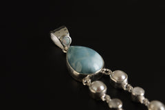 Lightning Ridge Opal Larimar Pearl Moonstone Quartz pendant shown on a dark background with triangular Opal bail and Pearl details.