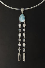 Lightning Ridge Opal, AAA Grade Larimar, Pearl, Moonstone & Quartz Point - Sterling Silver High Polish and Hammer Texture