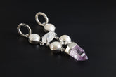 South Sea Pearl Moonstone Vera Cruz Amethyst pendant shown on a dark background with high-shine sterling silver settings.