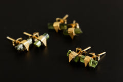 Gold Wrapped Green Tourmaline Ear Studs: Sand Textured Sterling Silver