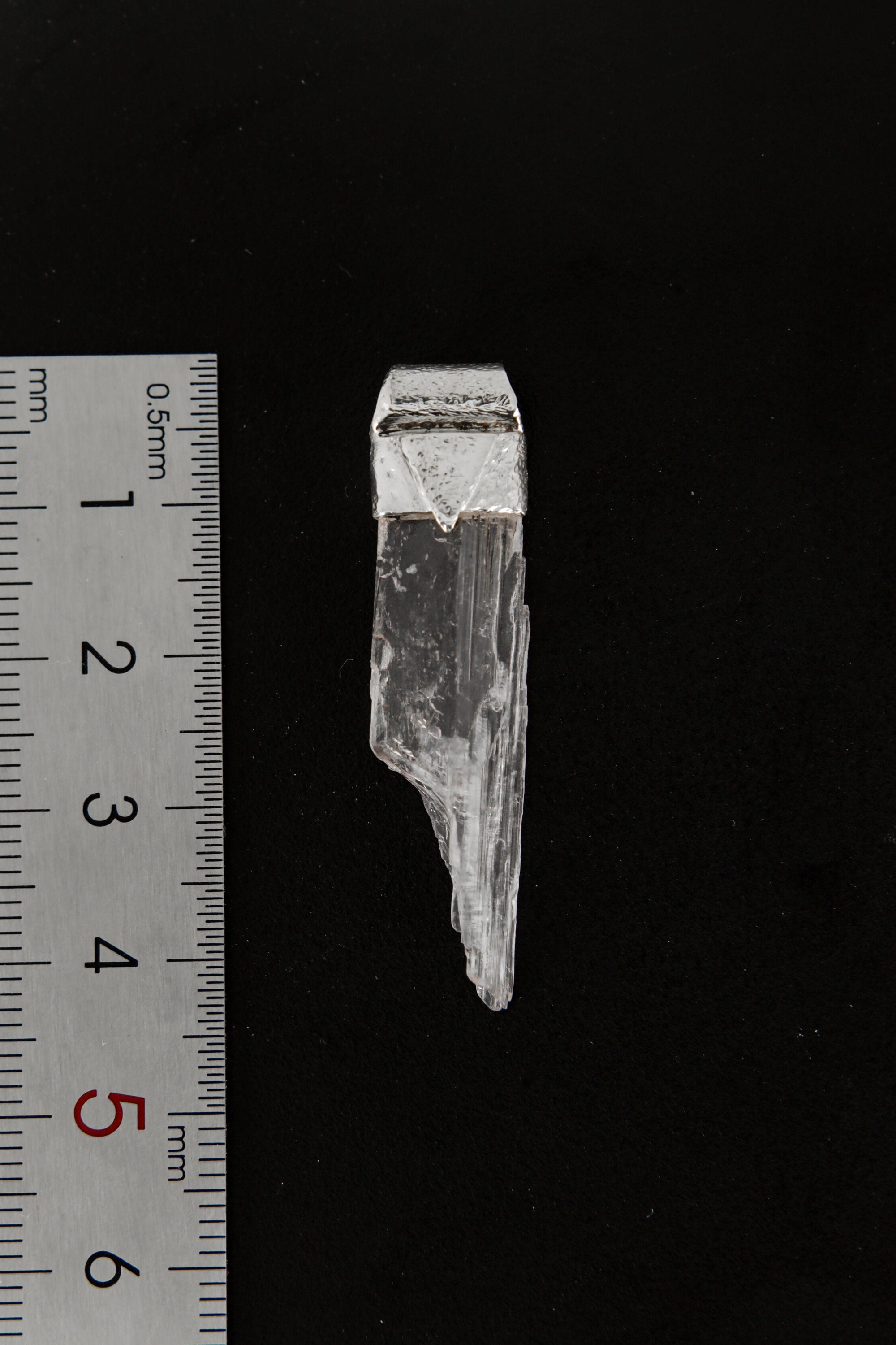 Pink Kunzite Stack Pendant shown beside a ruler for scale, measuring approximately 4.5 cm long.