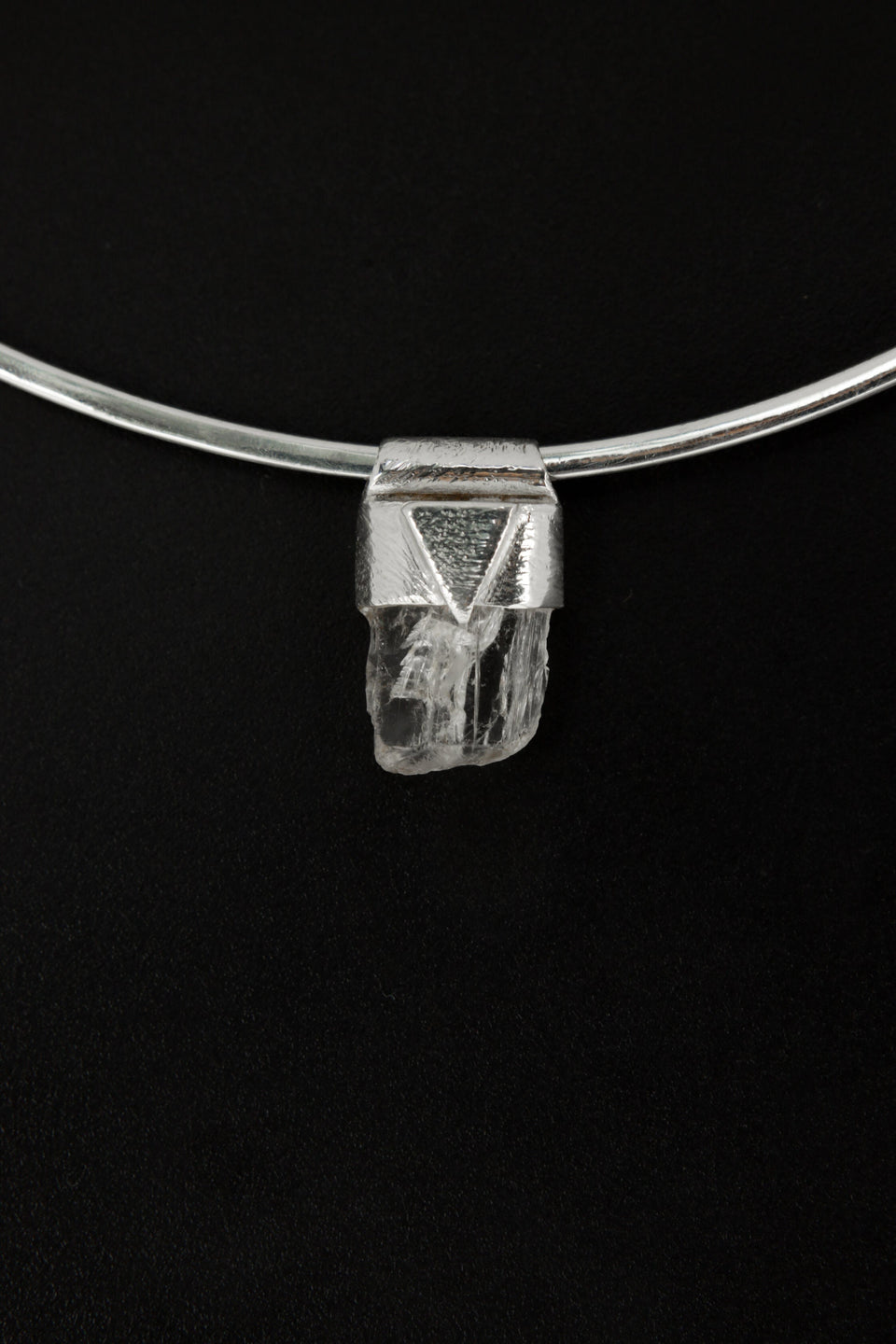 Clear Rainbow Inclusion Spodumene Stack Pendant shown worn close-up as a petite sterling silver layering necklace.