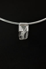 Clear Rainbow Inclusion Spodumene Stack Pendant shown worn close-up as a petite sterling silver layering necklace.