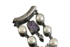 Oxidized Sterling Silver Gemstone Pendant: South Sea Pearl, Charoite, Moonstone, Aquamarine