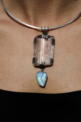 Oxidized Sterling Silver Kunzite Pendant: Raw Moonstone, Brutalist Style