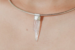 Pink Kunzite Stack Pendant shown worn close-up as a soft lilac crystal layering necklace.