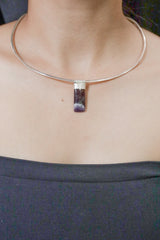 Rectengular Chevron Amethyst Cabochon - Stack Pendant - Organic Textured 925 Sterling Silver - Crystal Necklace