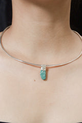 Rough Cut Amazonite Stack Pendant shown on black background with adjustable black cotton necklace and textured silver cap.