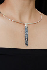 Australian Ocean Kyanite Stack Pendant shown worn as a subtle sterling silver layering necklace.