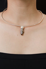 Torrington Cathedral Drusy Phantom Laser Citrine Quartz Stack Pendant shown worn on the chest as a sterling silver layering necklace.