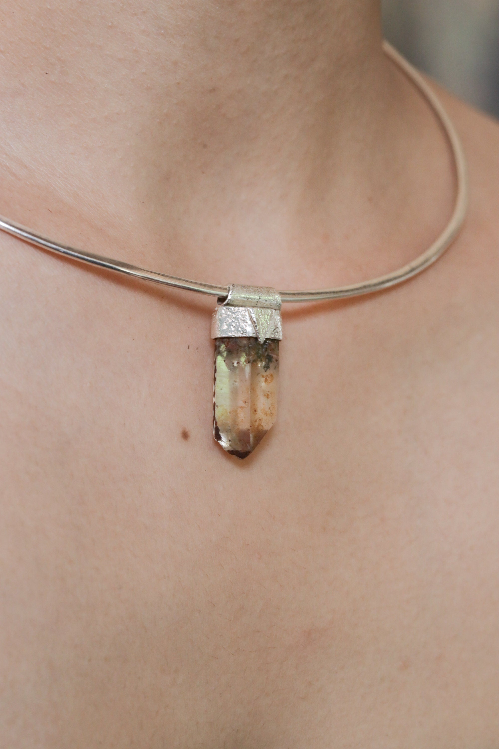 Pyrite Quartz Point Sterling Silver Pendant: Textured Organic Bezel