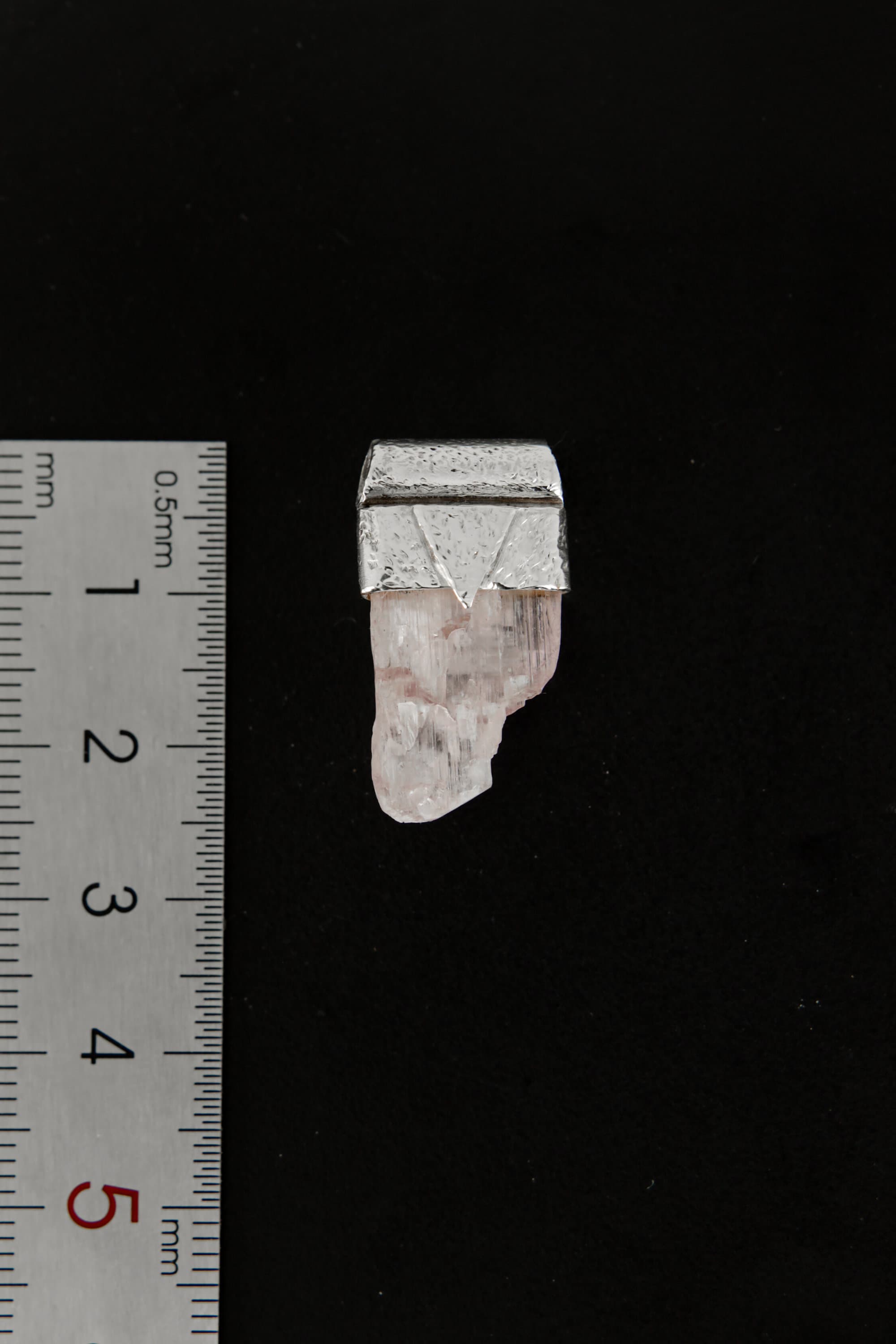 Light Pink Kunzite Stack Pendant shown beside a ruler for scale with textured 925 silver cap.